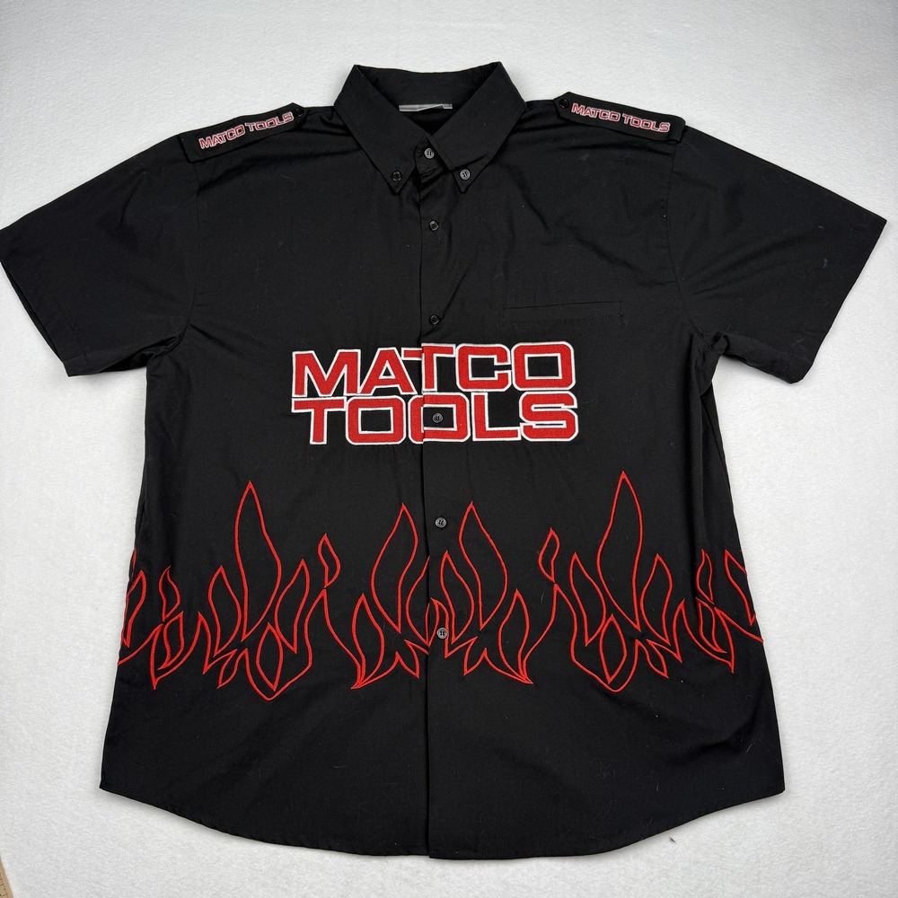 Id4u Shirt Mens 2XL Black Matco Tools Flame Embroidered Work Button Up Workwear